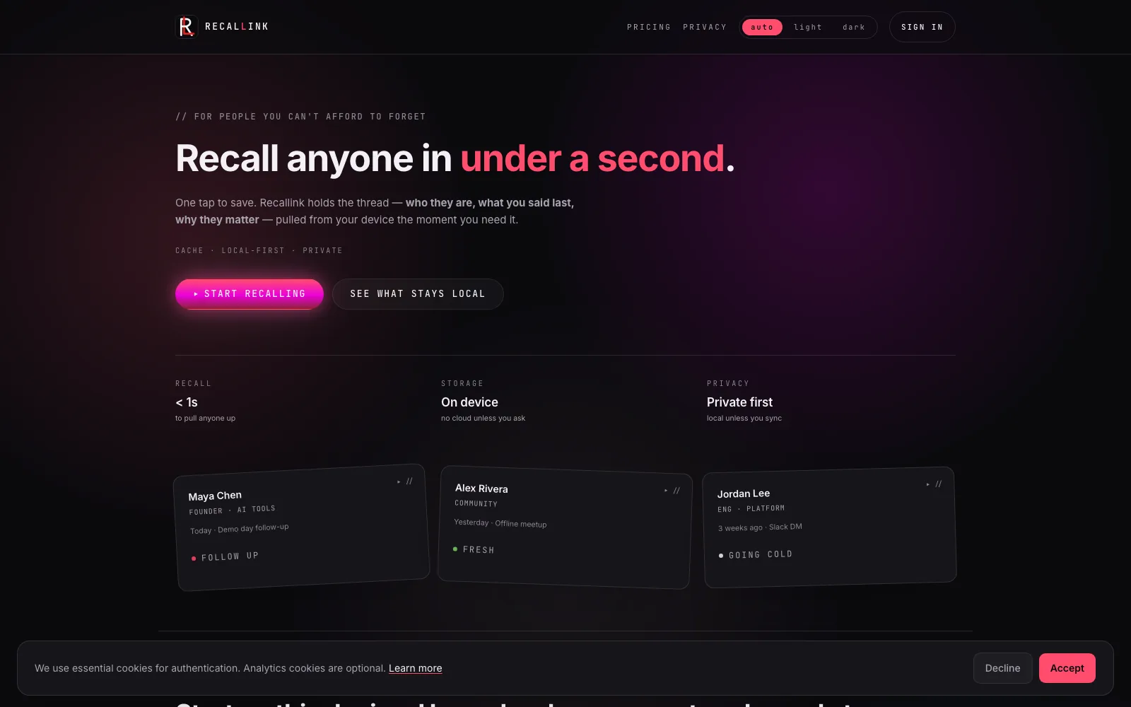 Recallink · Web (PWA) project interface preview